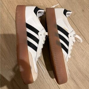 adidas White Leather Sneakers with Black Stripes and Gum Platform